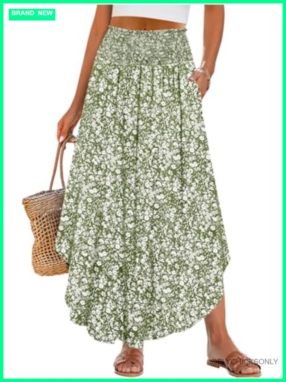 Women High Waist Floral Flowy Boho Maxi Skirt with Pockets Summer